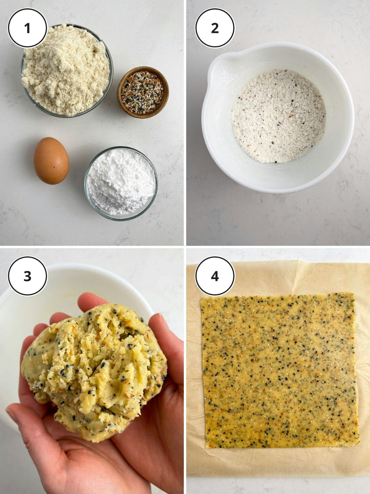 Step by step process of how to make everything bagel crackers.