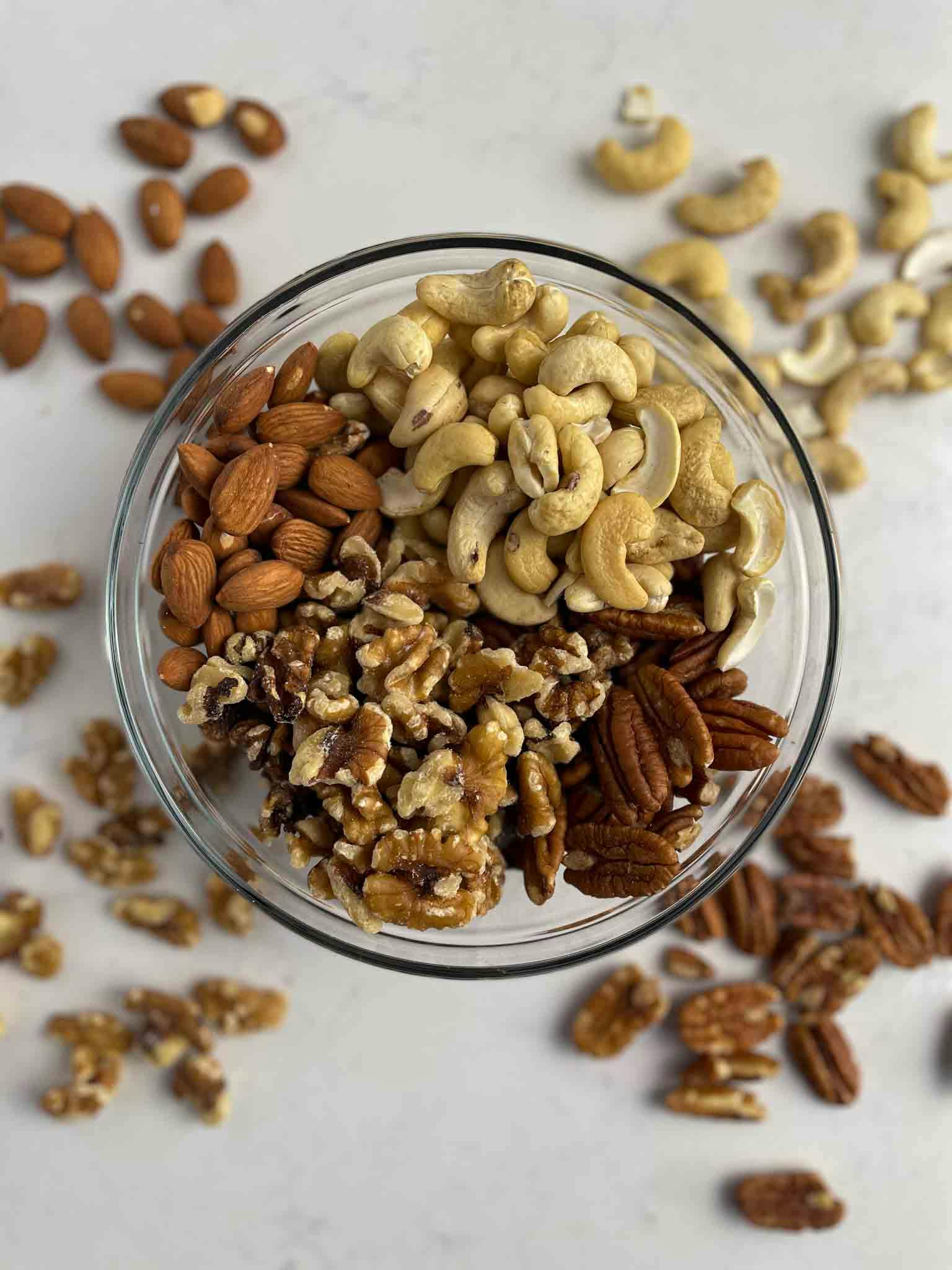 Bowl full of nuts used in the harvest trail mix.