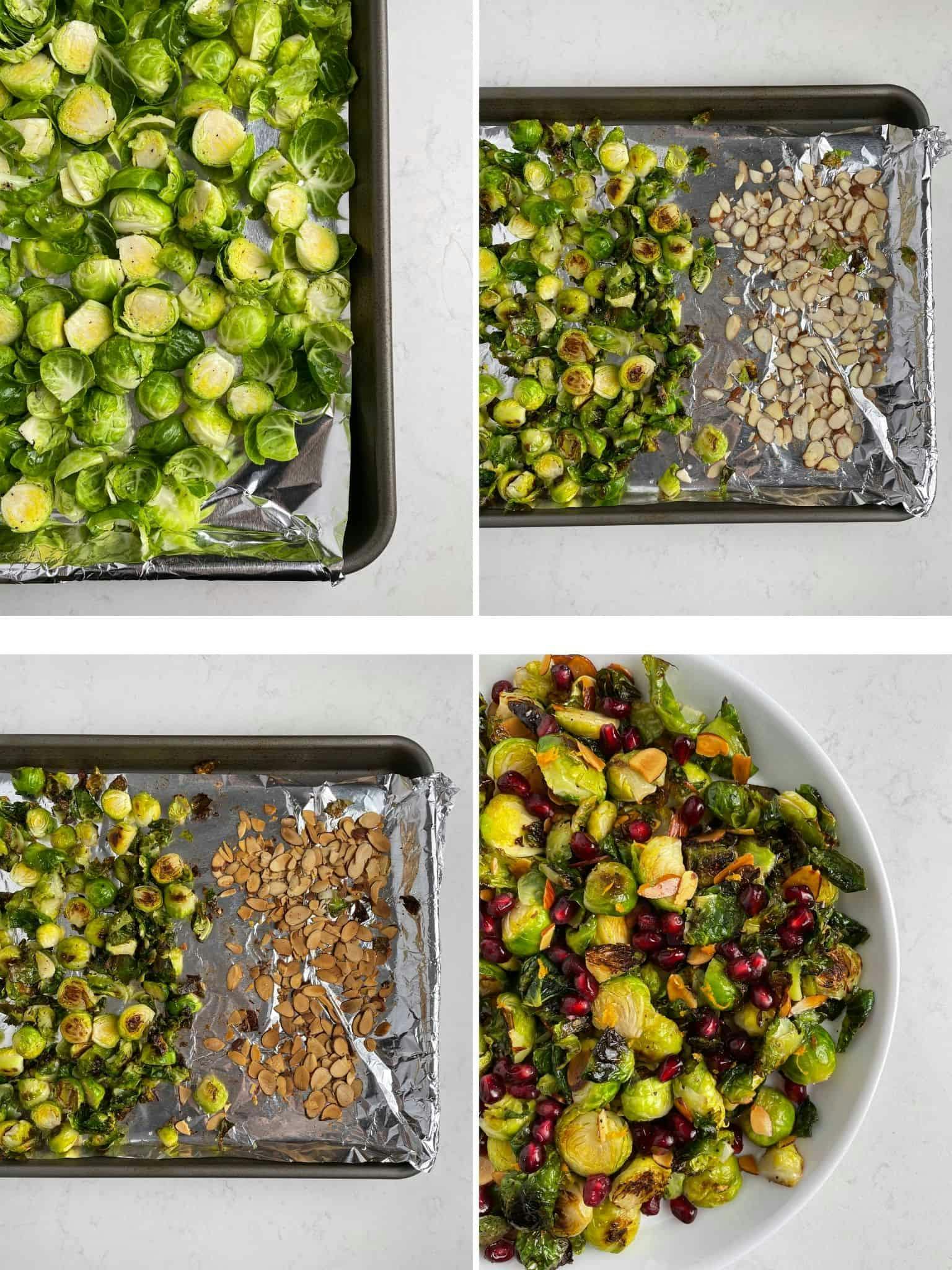 Step by step process of how to make the roasted Brussels sprouts.