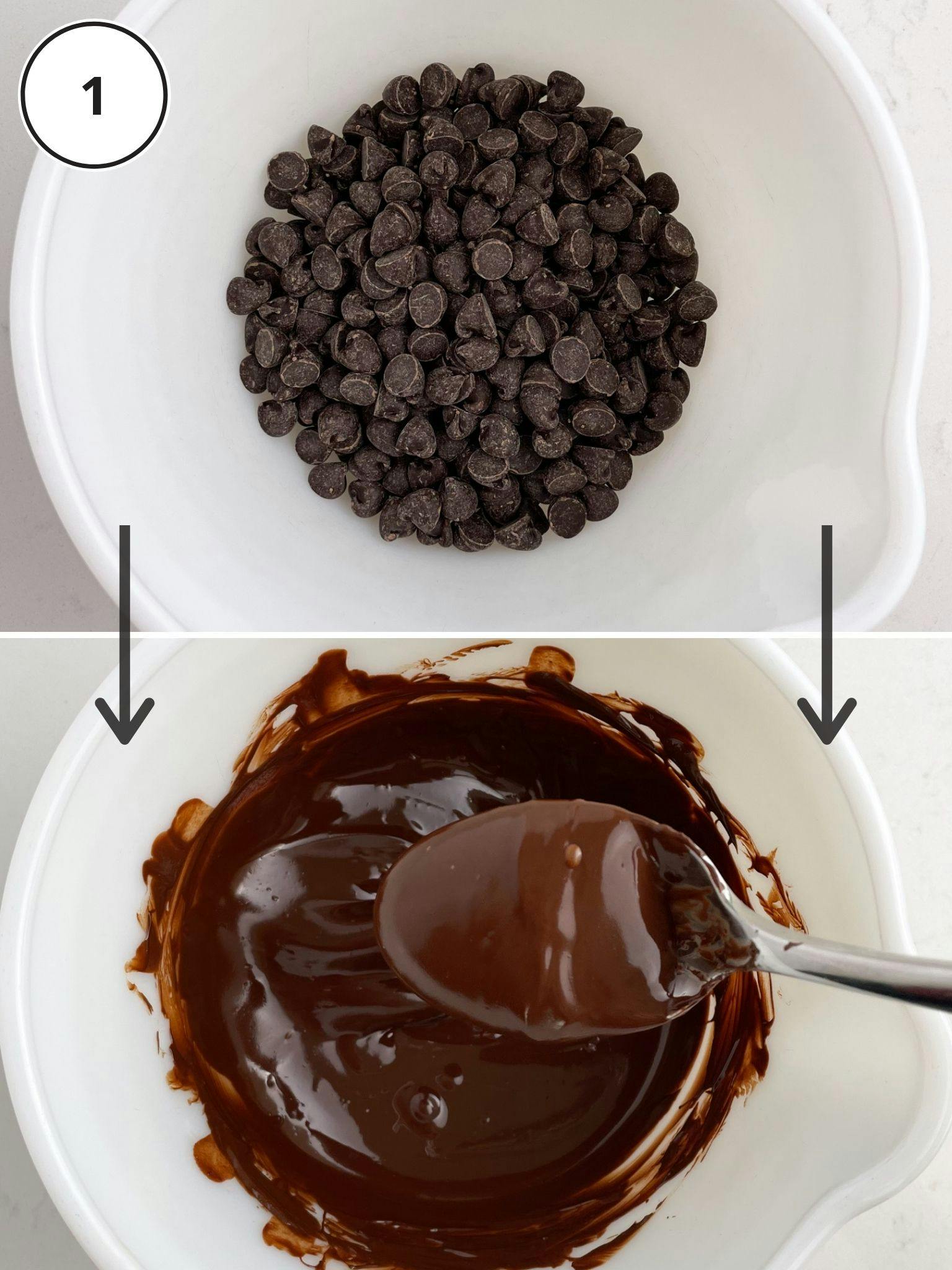 A bowl of unmelted chocolate on top and the melted chocolate on the bottom.
