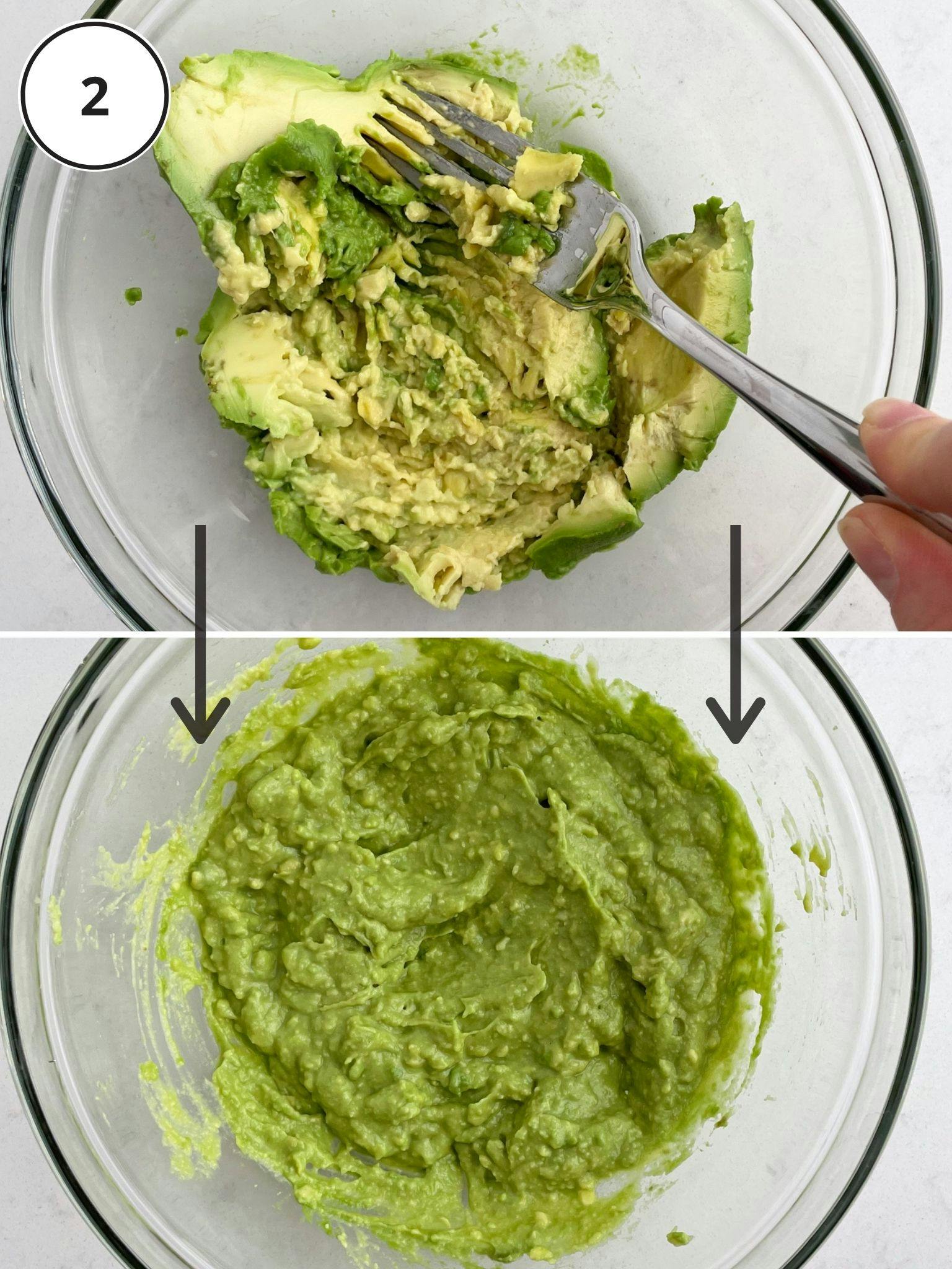 A bowl of un-mashed avocado on top and mashed avocado on the bottom.