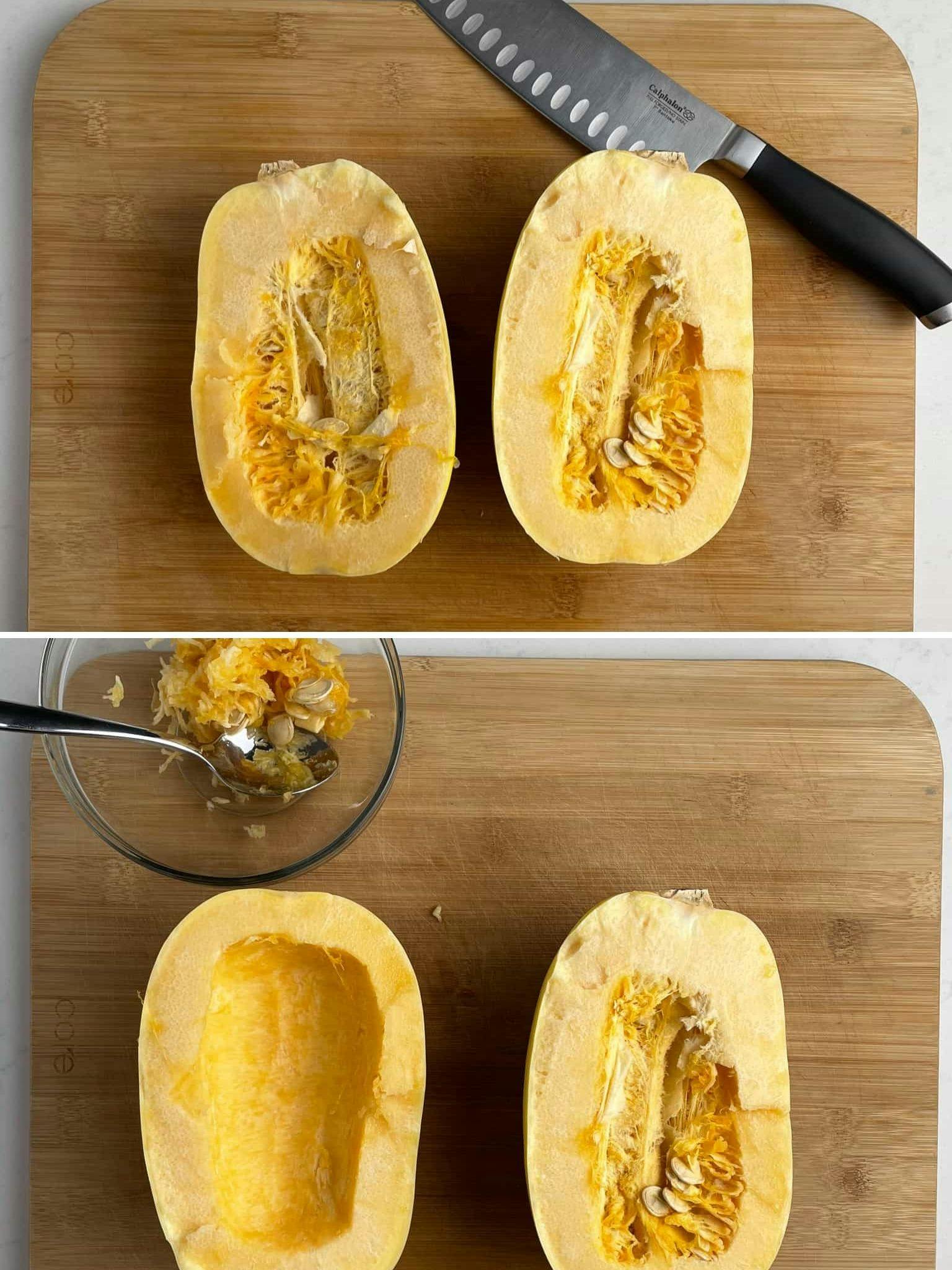 Step by step process of how to deseed a spaghetti squash