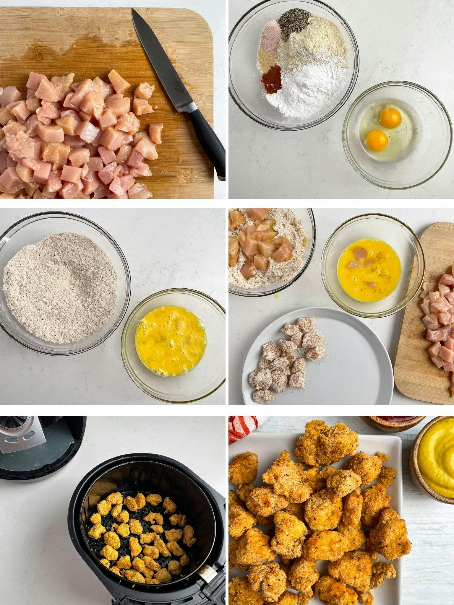 Step by step process of how to make the popcorn chicken.