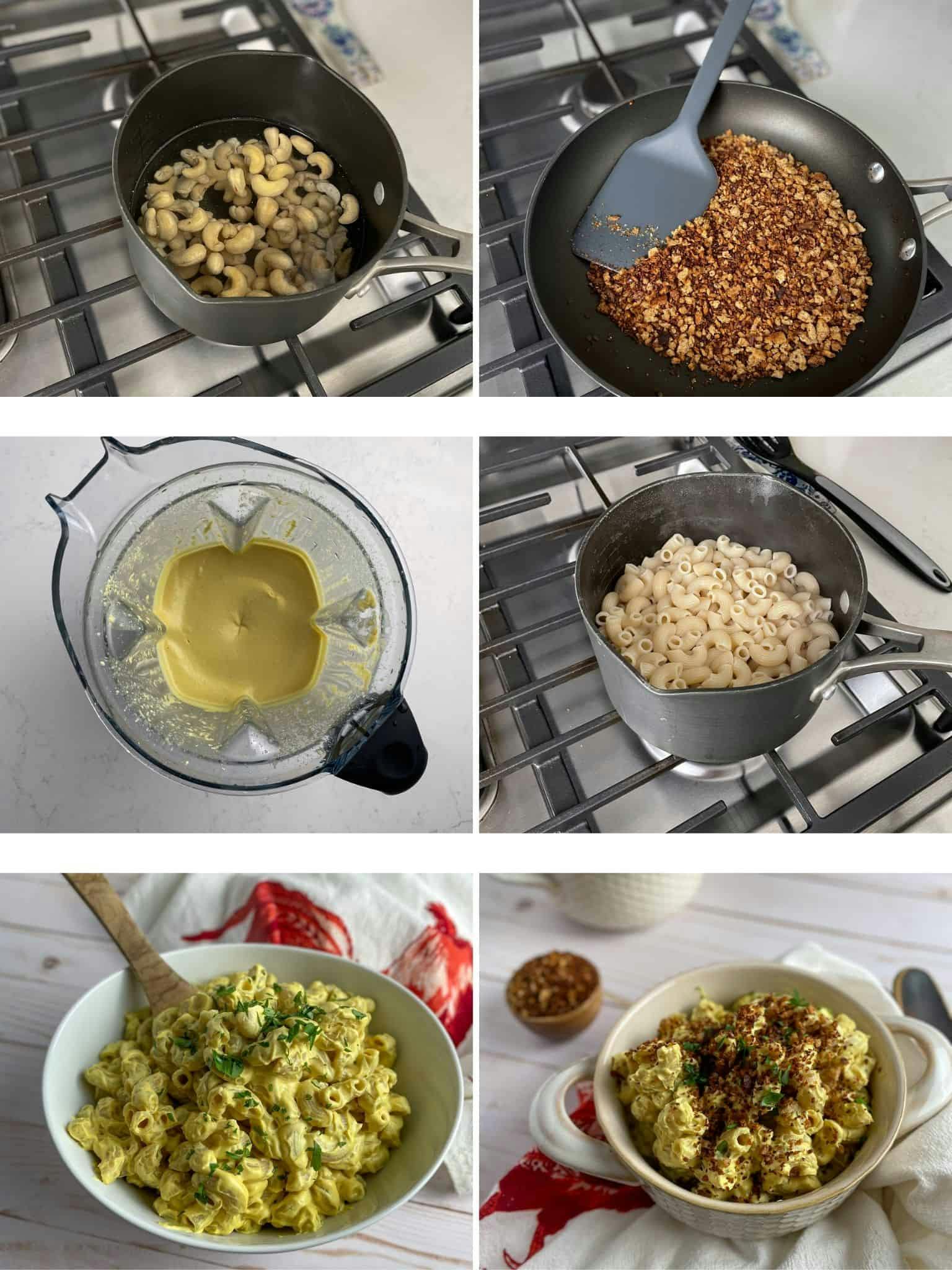 Grid of images showing steps to make the mac and cheese
